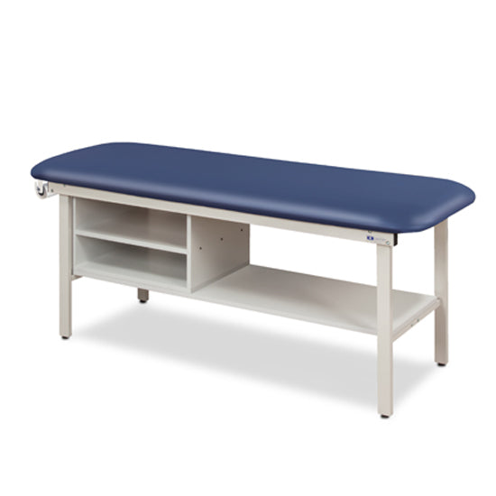 Clinton 3300-E Alpha Express Flat Top Treatment Table with Shelving — Royal Blue upholstery