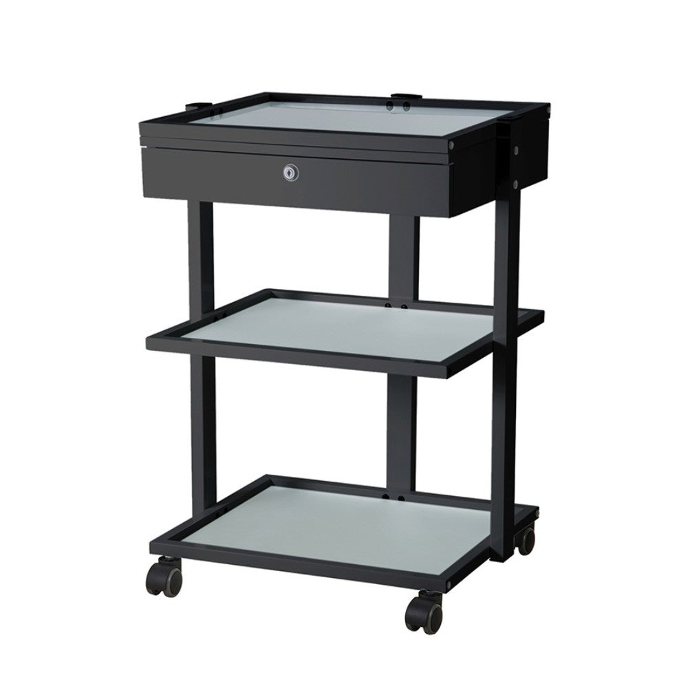 SilverFox 1040A Glass Shelf Trolley Table with Locking Drawer