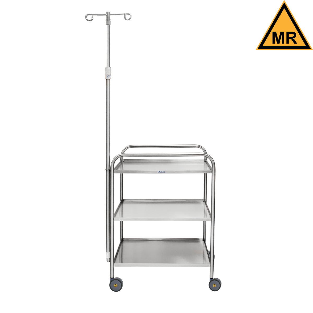 Blickman 7535SS-IV-MR MR Conditional Medium Duty Utility Cart with 2-Hook IV Pole, 3 Shelves | QuinceMedical.com