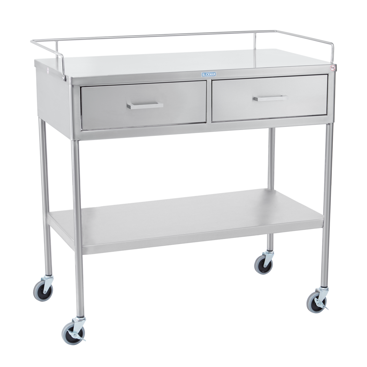 Blickman 7856SS-SH Crescent Stainless Steel Utility Table with 2 Drawers & Lower Shelf, 36"W x 20"D | QuinceMedical.com