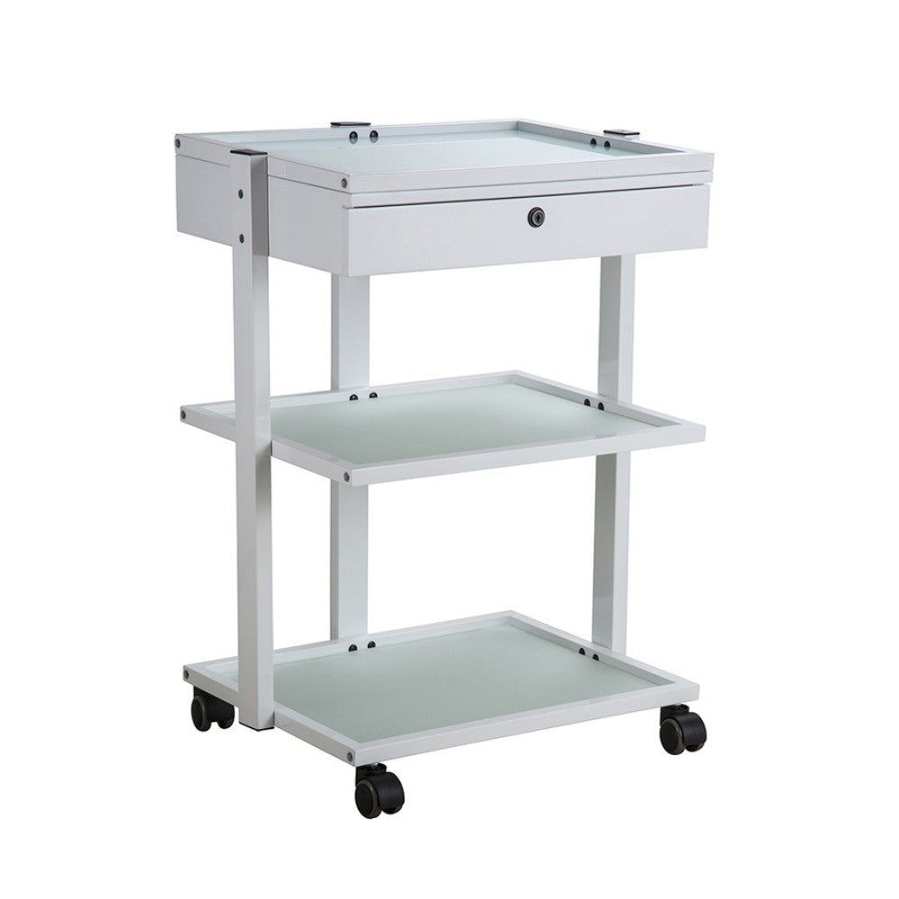 SilverFox 1040A Glass Shelf Trolley Table with Locking Drawer