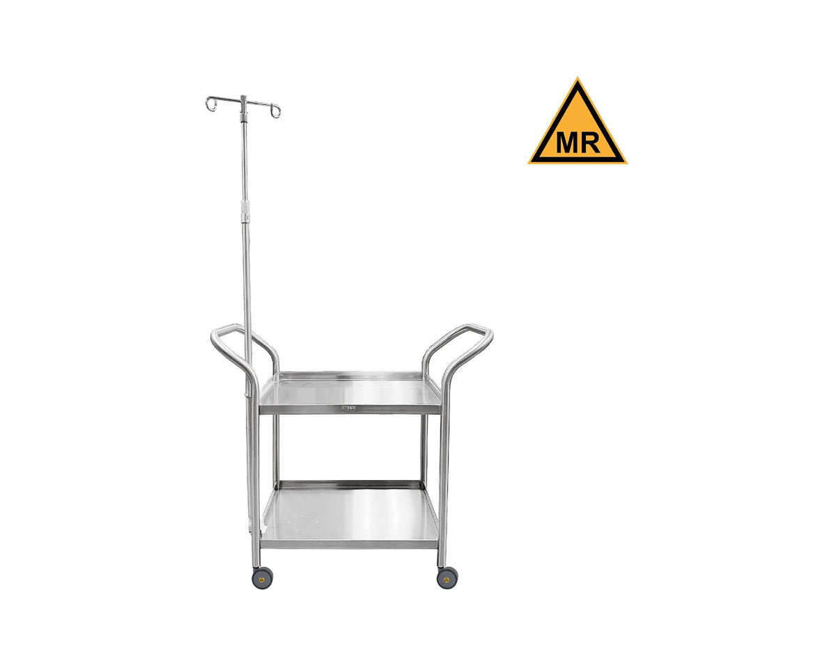 Blickman 7537SS-IV-MR MR Conditional Heavy Duty Utility Cart with 2-Hook IV Pole, 2 Shelves | QuinceMedical.com