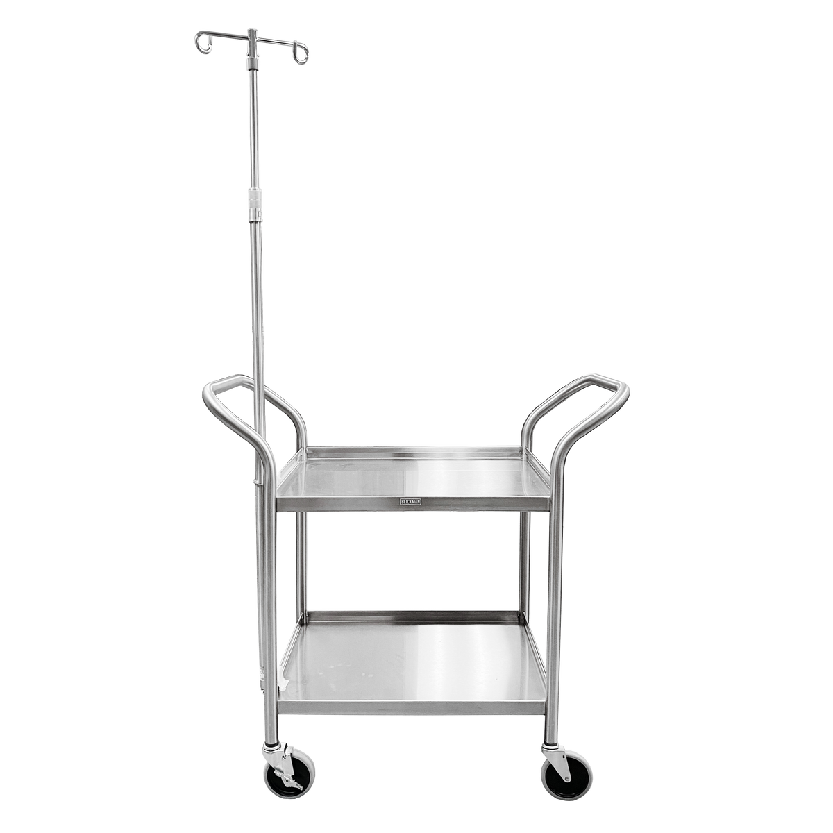 Blickman 7537SS-IV Heavy Duty Stainless Steel Utility Cart with 2-Hook IV Pole, 2 Shelves | QuinceMedical.com