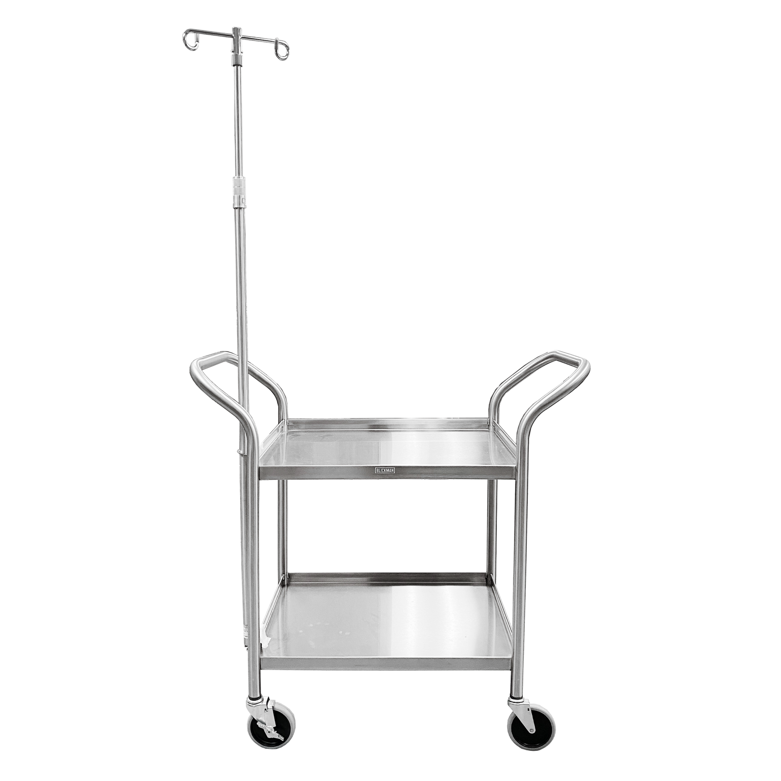 Blickman 7537SS-IV Heavy Duty Stainless Steel Utility Cart with 2-Hook IV Pole, 2 Shelves | QuinceMedical.com