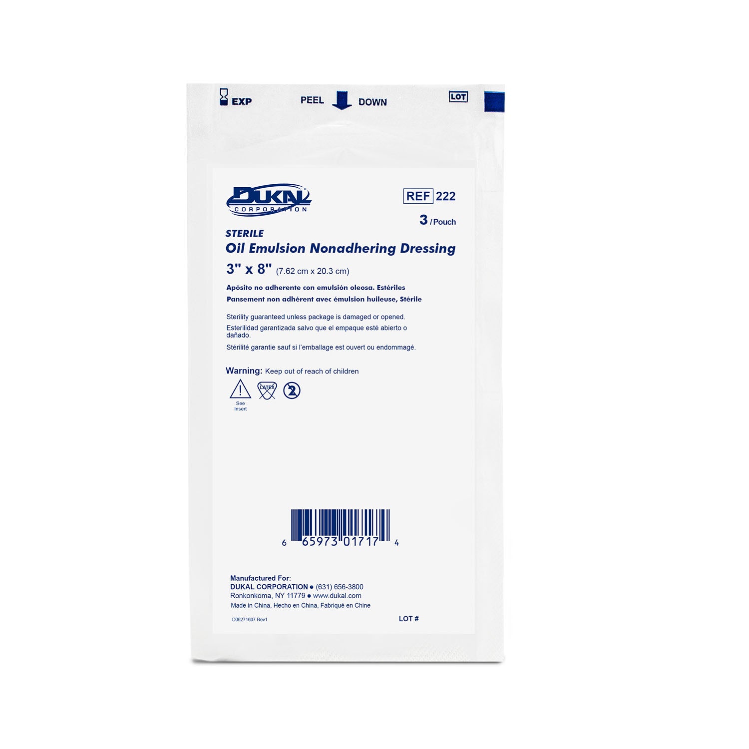 Dukal Oil Emulsion Dressing, 3 x 8", Sterile, 3/pk, 36 pk/bx