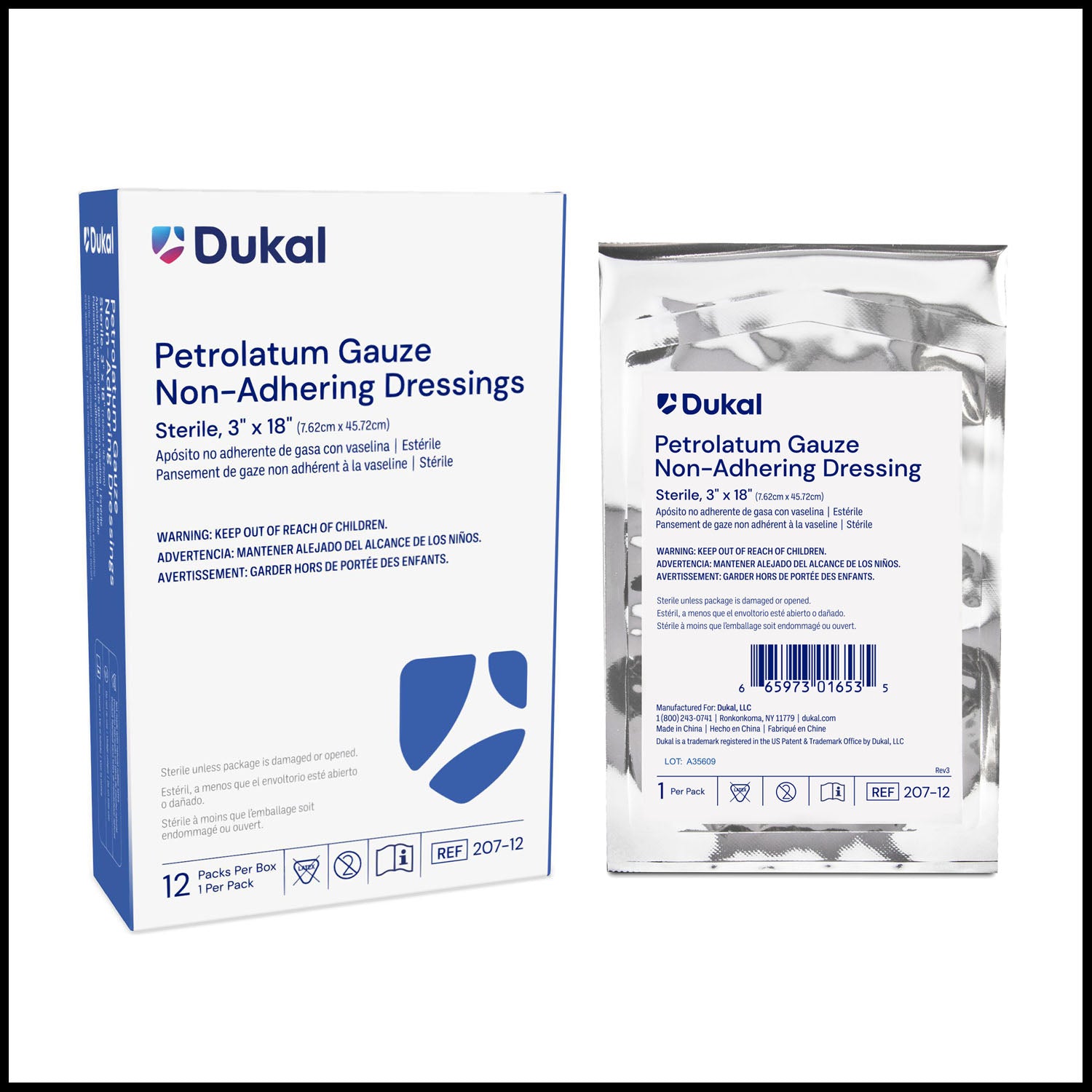 Dukal Petrolatum Gauze Dressing, 3 x 18", Sterile, 1/pk, 12 pk/bx