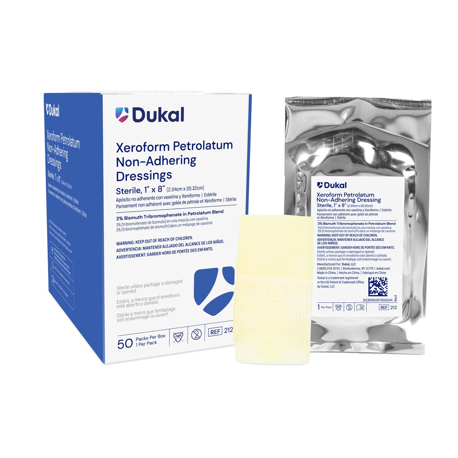 Dukal Xeroform Gauze Dressing, 1 x 8", Sterile, 1/pk, 50 pk/bx