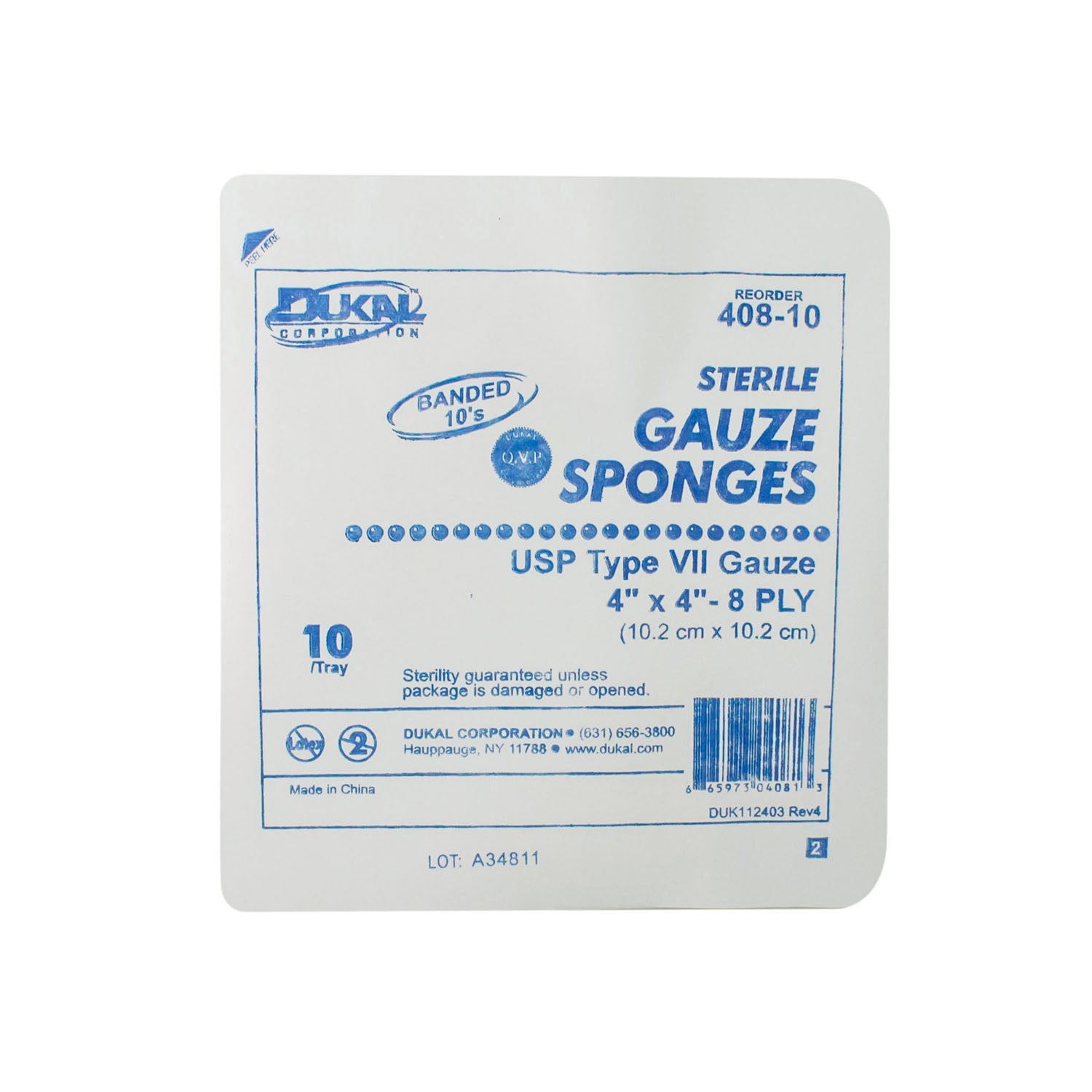 Dukal Gauze Sponge, 4 x 4", Sterile Tray, 8-Ply, 10/tray, 128 tray/cs