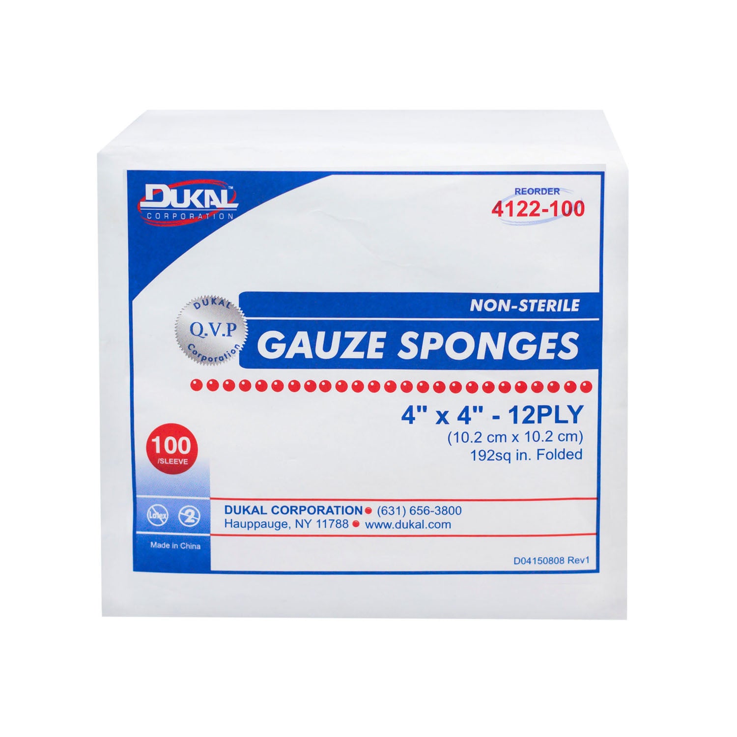 Dukal Gauze Sponge, 4 x 4", Non-Sterile, 12-ply, 100/bg, 20 bg/cs