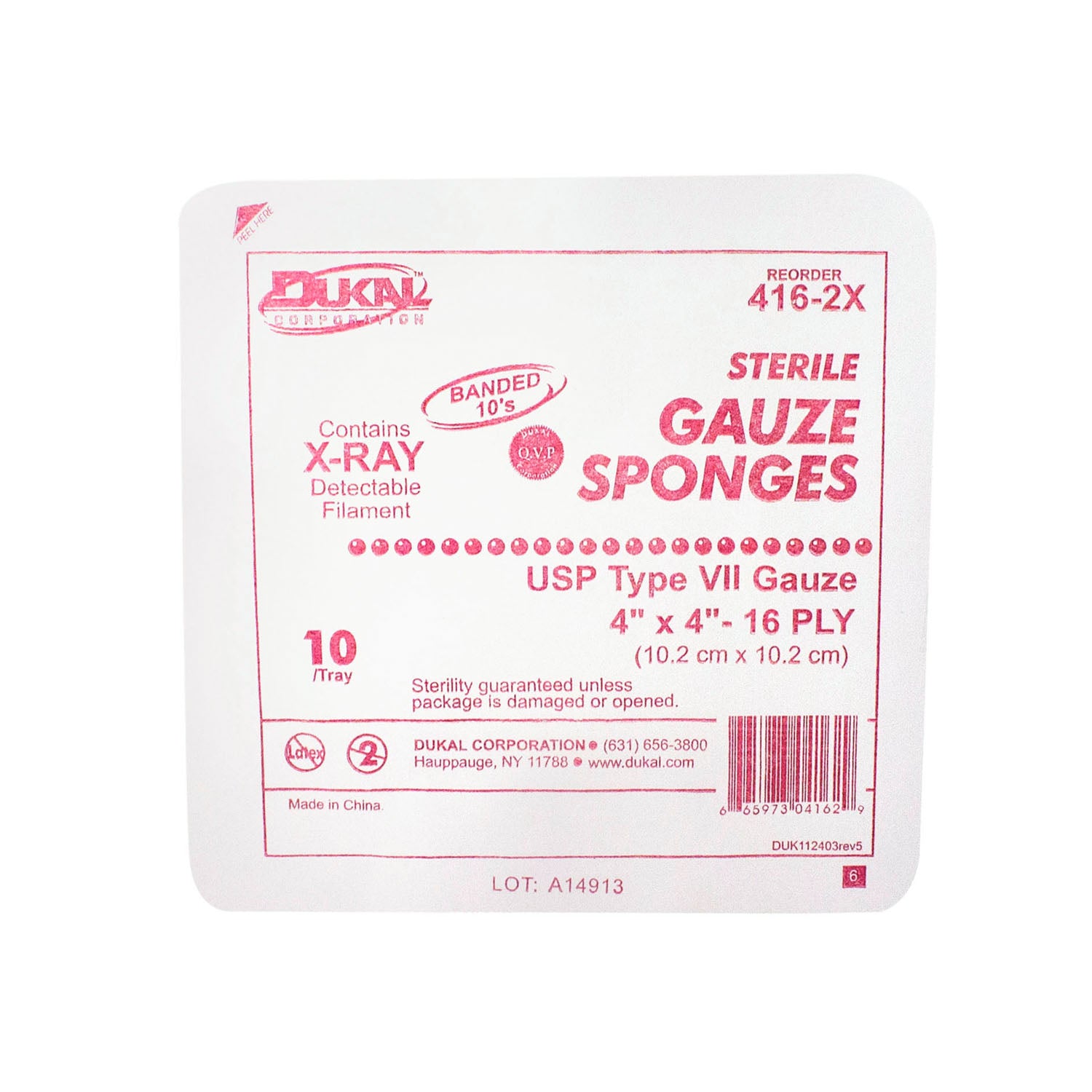 Dukal Gauze Sponge, 4 x 4", X-Ray Detectable Type VII, 16-Ply, Sterile, 10/tray, 128 tray/cs