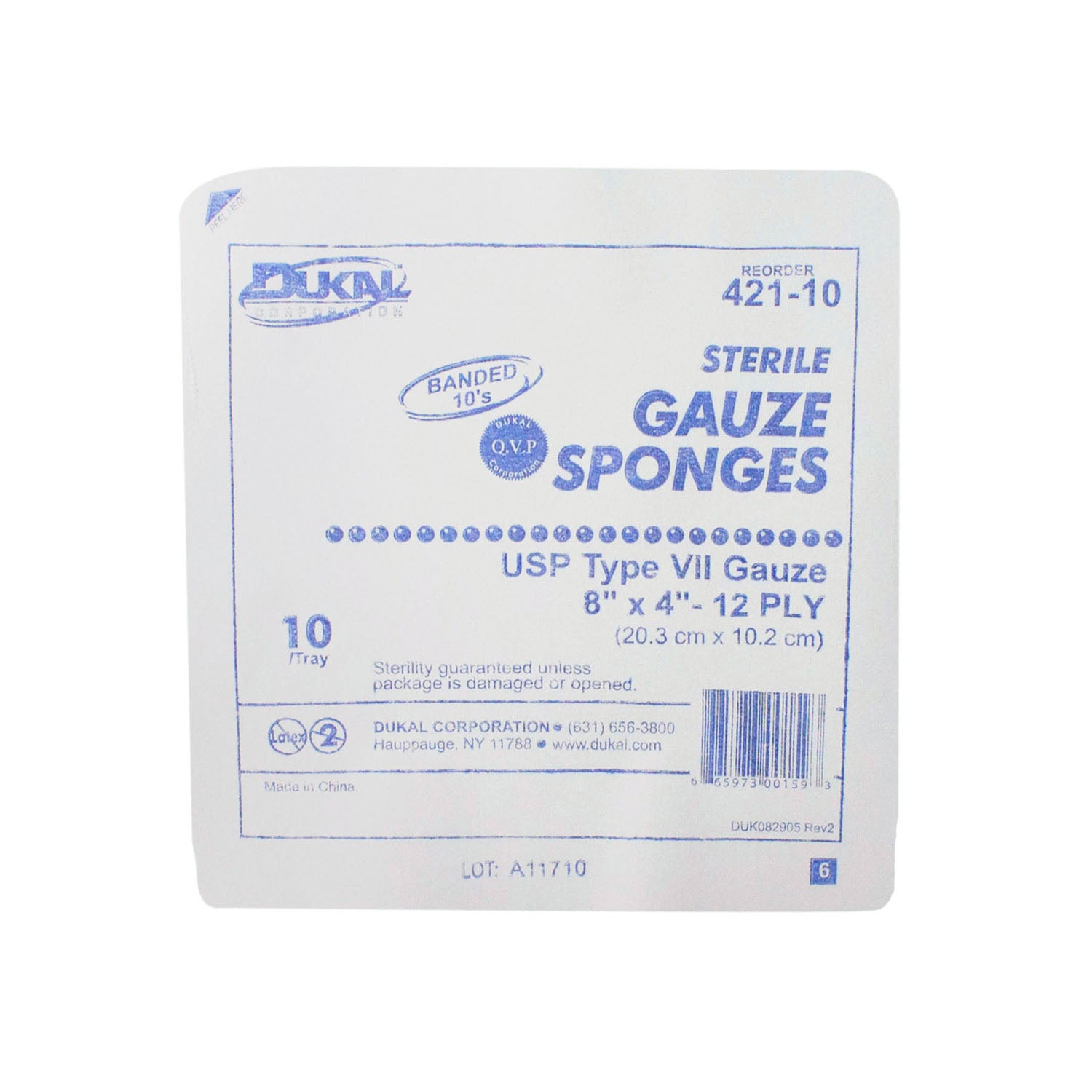 Dukal Gauze Sponge, 8 x 4", Type VII, 12-Ply, Sterile, 10/tray, 80 tray/cs