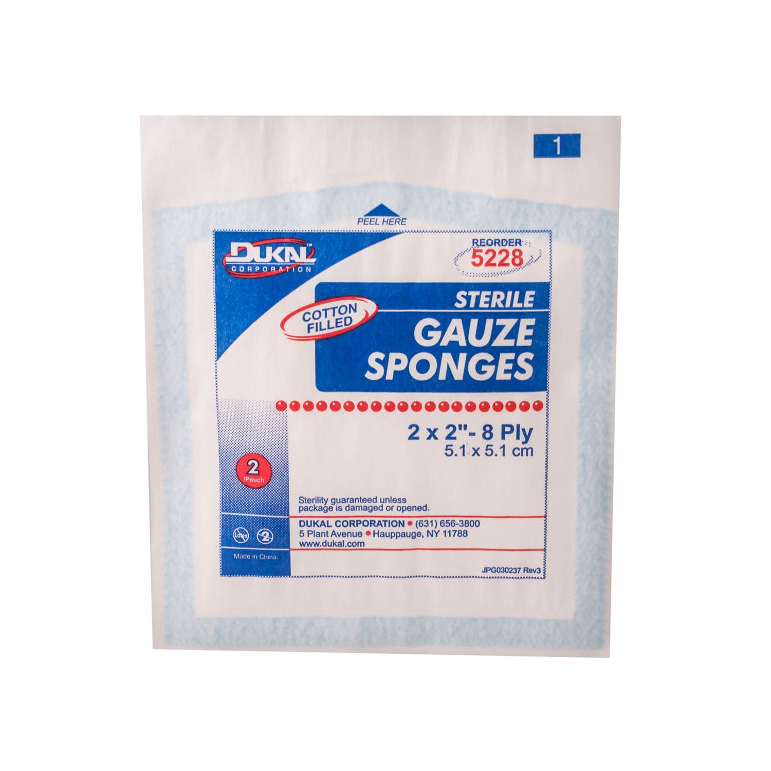 Dukal Gauze Sponge, 2 x 2", Sterile, 8-Ply, Cotton Filled, 2/pk, 50 pk/bx, 24 bx/cs (50 cs/plt)