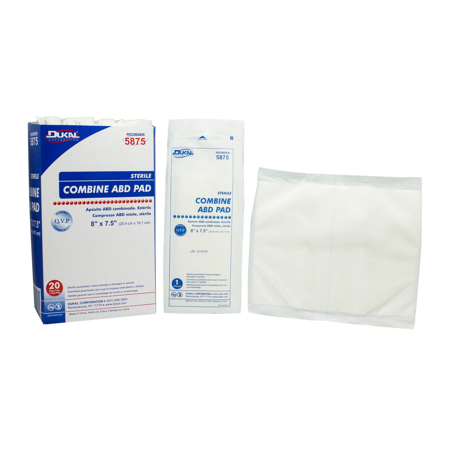 Dukal ABD Pad, 8 x 7½", Sterile, 1/pk, 20 pk/tray, 12 tray/cs