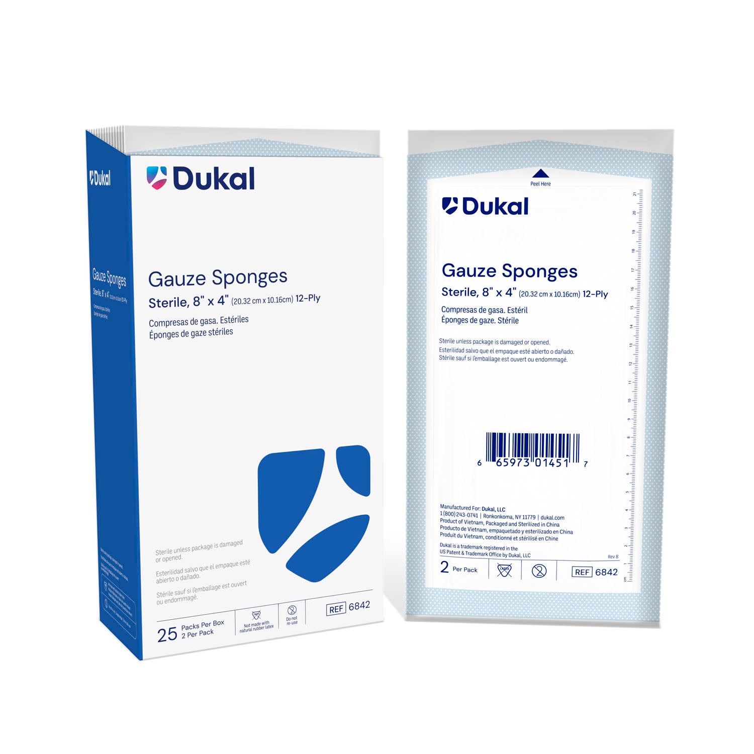 Dukal Gauze Sponge, 8 x 4", Sterile, 12-Ply, 2/pk, 25 pk/bx, 20 bx/cs (20 cs/plt)