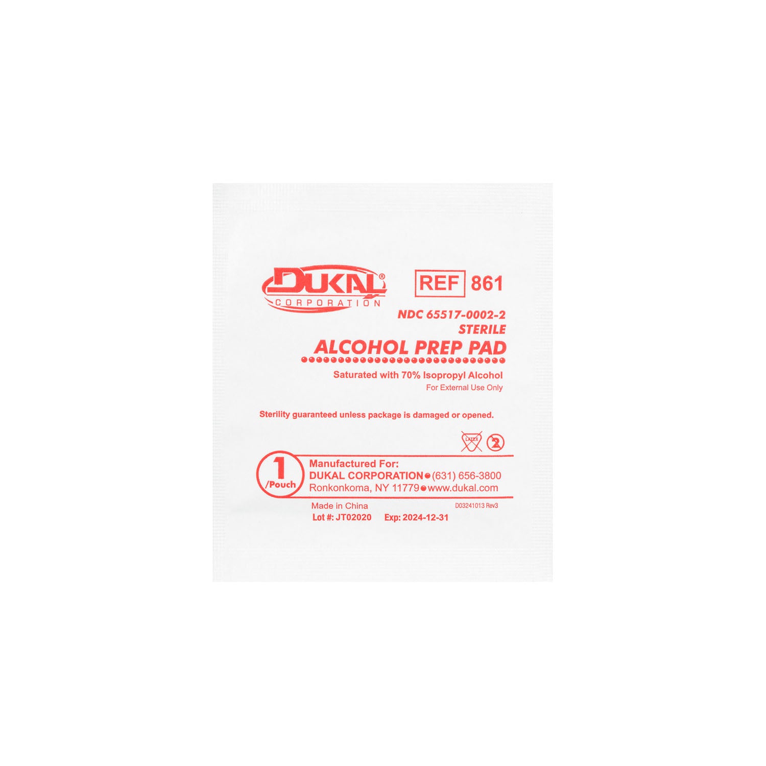 Dukal Alcohol Prep Pad, Large, Sterile, 100/bx, 10 bx/cs  (108 cs/plt)