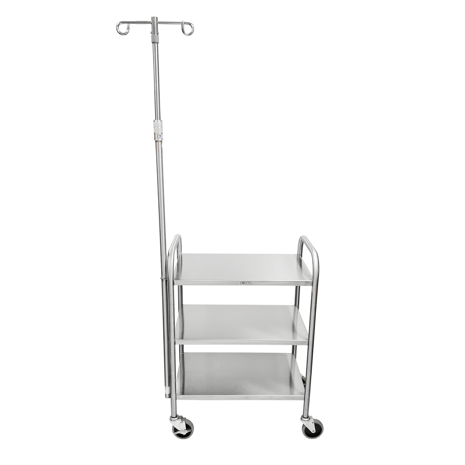 Blickman 7536SS-IV Medium Duty Stainless Steel Utility Cart with End Rails and IV Pole | QuinceMedical.com