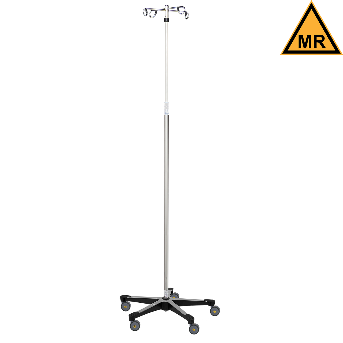 Blickman 7792MR-4 MR Conditional 5-Leg Stainless Steel IV Stand, Twist Lock, 4 Hooks | QuinceMedical.com