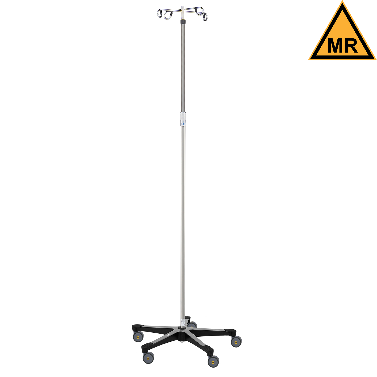 Blickman 7792MR-4 MR Conditional 5-Leg Stainless Steel IV Stand, Twist Lock, 4 Hooks | QuinceMedical.com