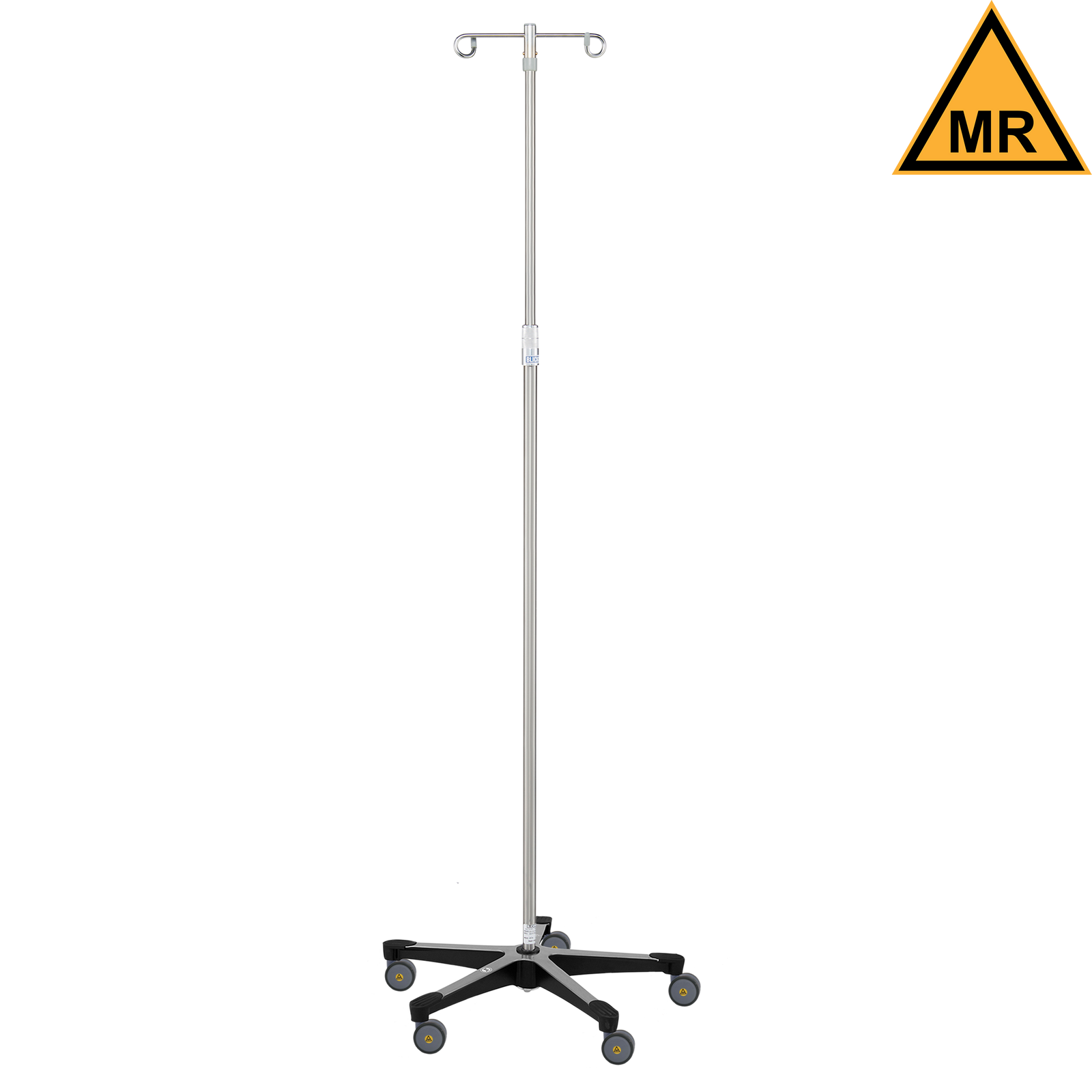 Blickman 7792MR-2 MR Conditional 5-Leg Stainless Steel IV Stand, Twist Lock, 2 Hooks | QuinceMedical.com
