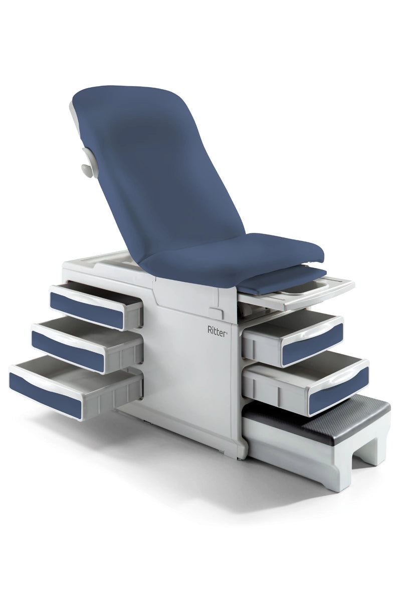 Ritter by Midmark 204 Manual Examination Table with Blue Upholstery, Drawers Opened, and Leg Extension Pulled Out (Angled View)
