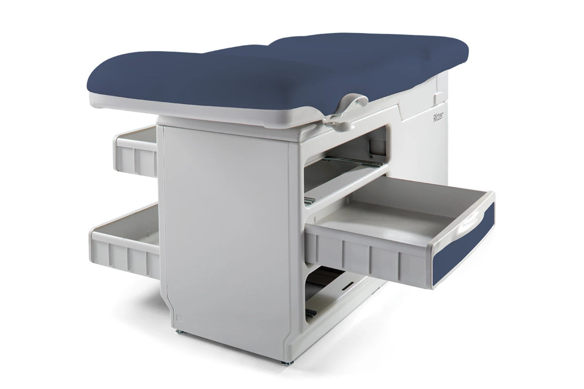 Ritter by Midmark 204 Manual Examination Table with Blue Upholstery and Side Drawers Open (View From Back Of Table)