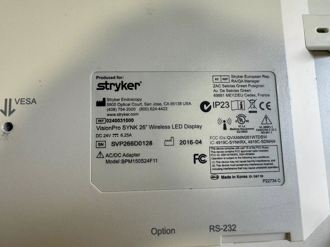 Stryker VisionPro SYNK 26" Wireless LED Display Monitor