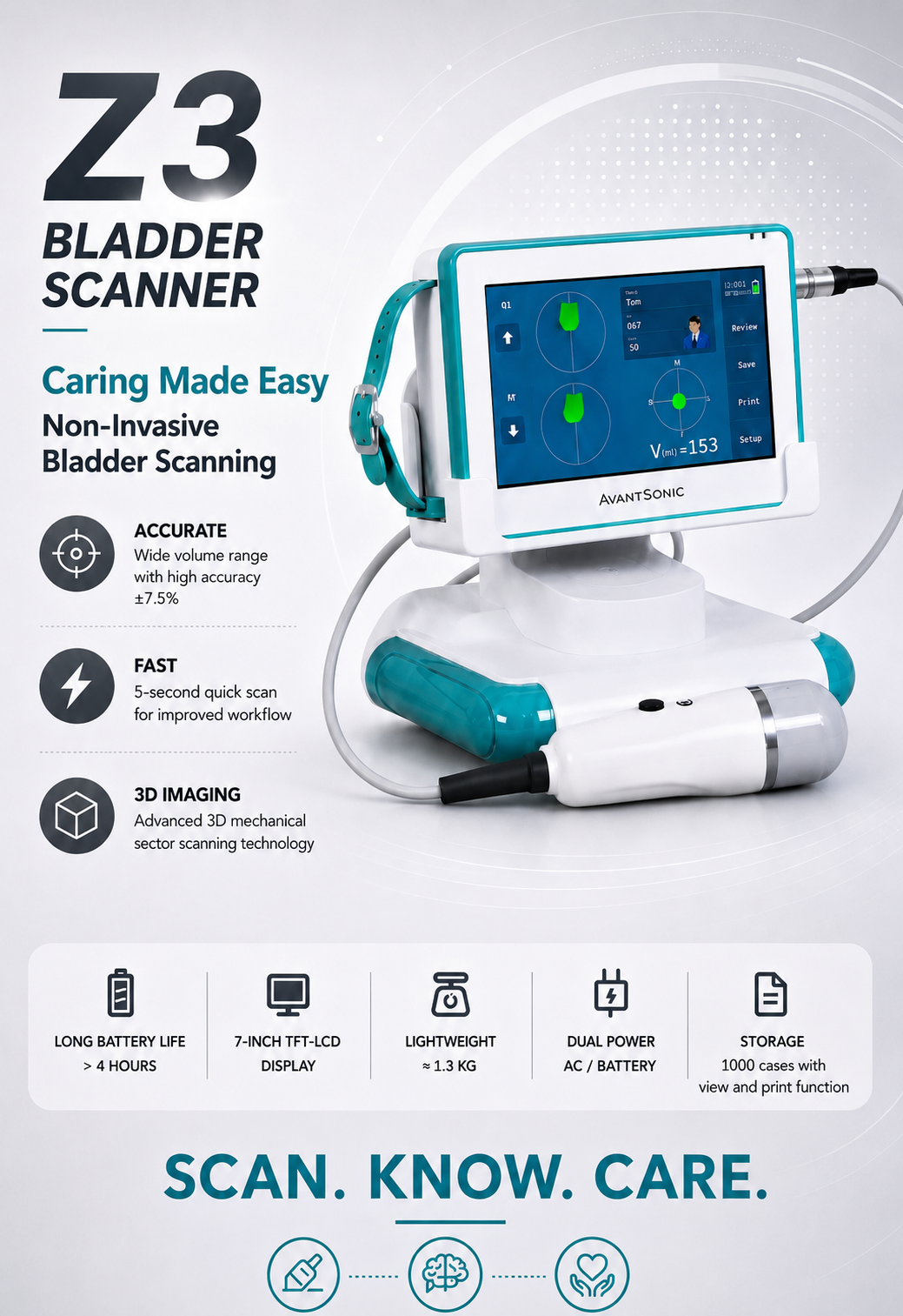 AvantSonic Z3 Portable Bladder Scanner – ±7.5% Measurement Accuracy for Clinical Use