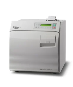 This is a picture of a Ritter M9 Steam Sterilizer facing about 10 to 15 degrees to the left of center. The sterilizer includes a printer on the top.